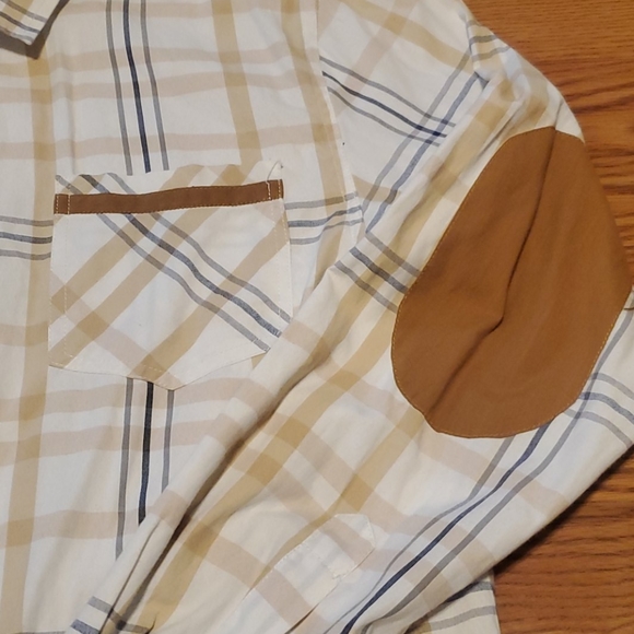 Tan, white, and gray plaid men's button up shirt - Picture 3 of 5